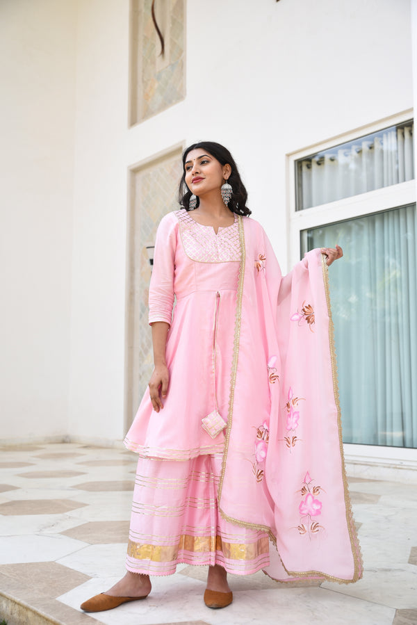 Baby Pink Gota Detail Silk Women Sharara Set