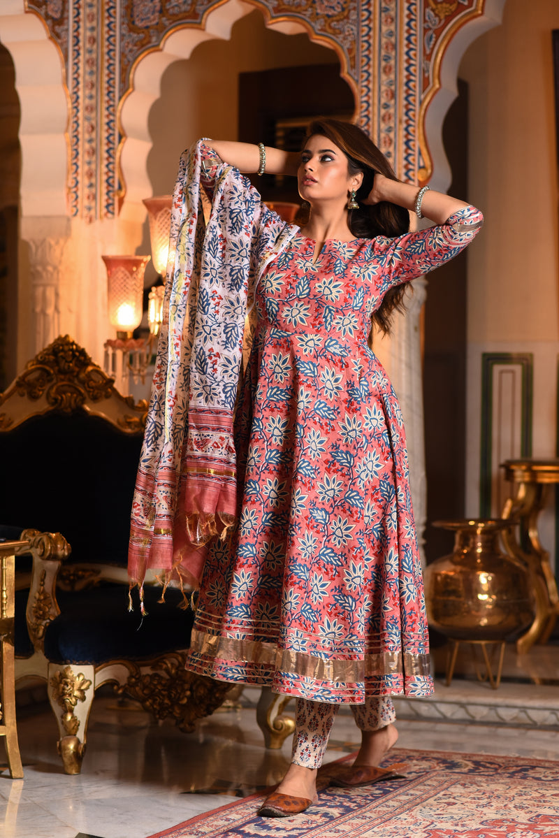 Gul Handblock Anarkali Gher Suit With Gota Detail