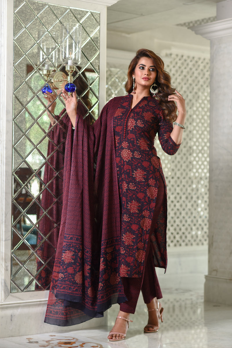 Maroon Straight Fit Floral Women's Cotton Suit Set