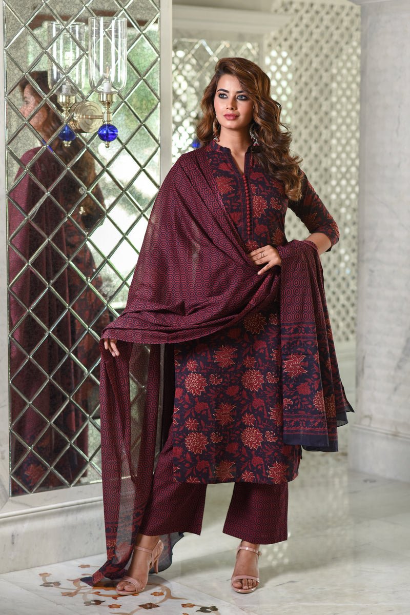 Maroon Straight Fit Floral Women's Cotton Suit Set