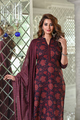 Maroon Straight Fit Floral Women's Cotton Suit Set