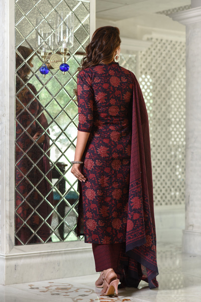 Maroon Straight Fit Floral Women's Cotton Suit Set