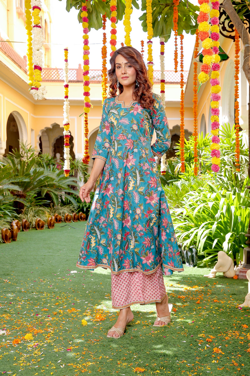 Banni Blue Cotton Straight Suit Set