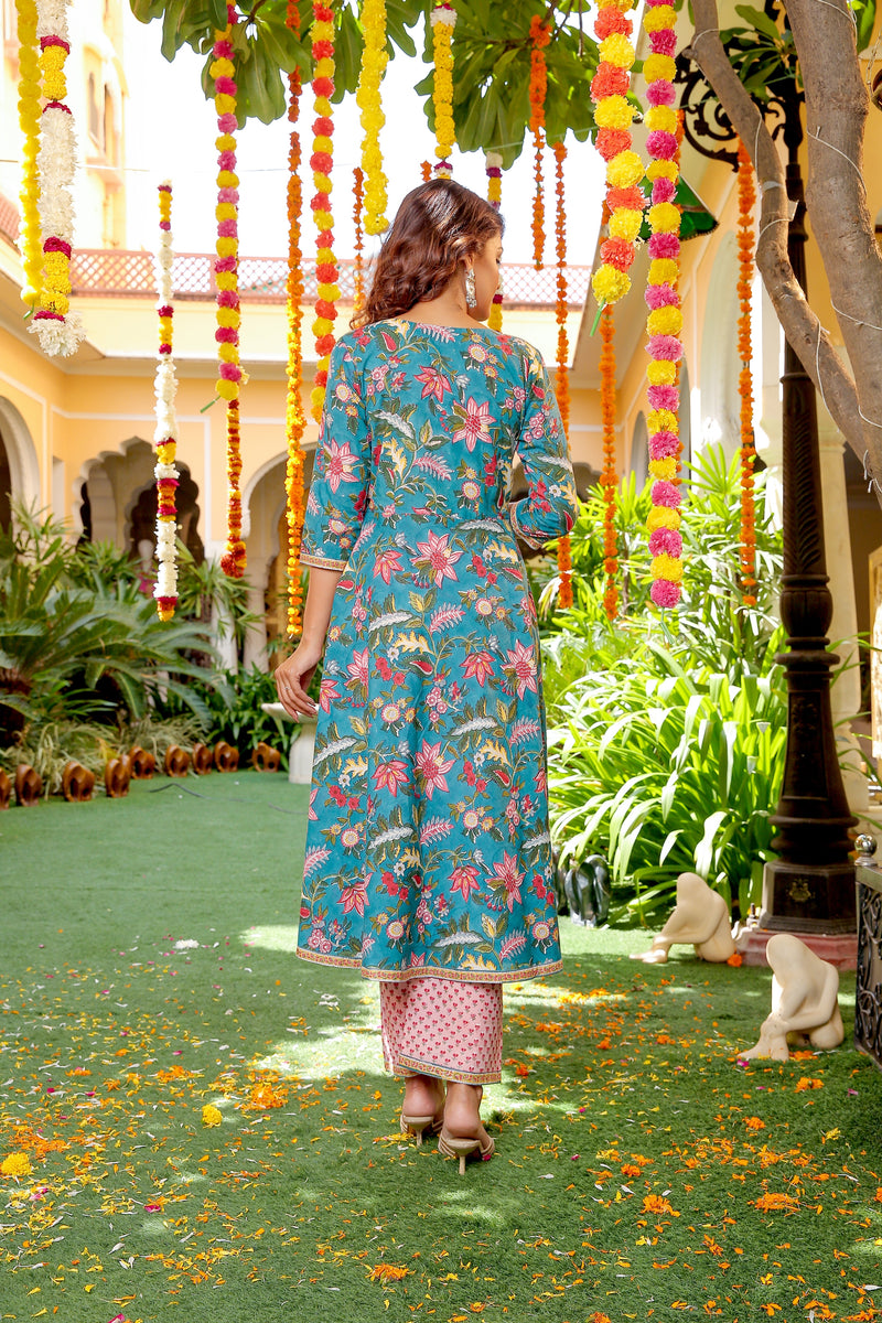 Banni Blue Cotton Straight Suit Set