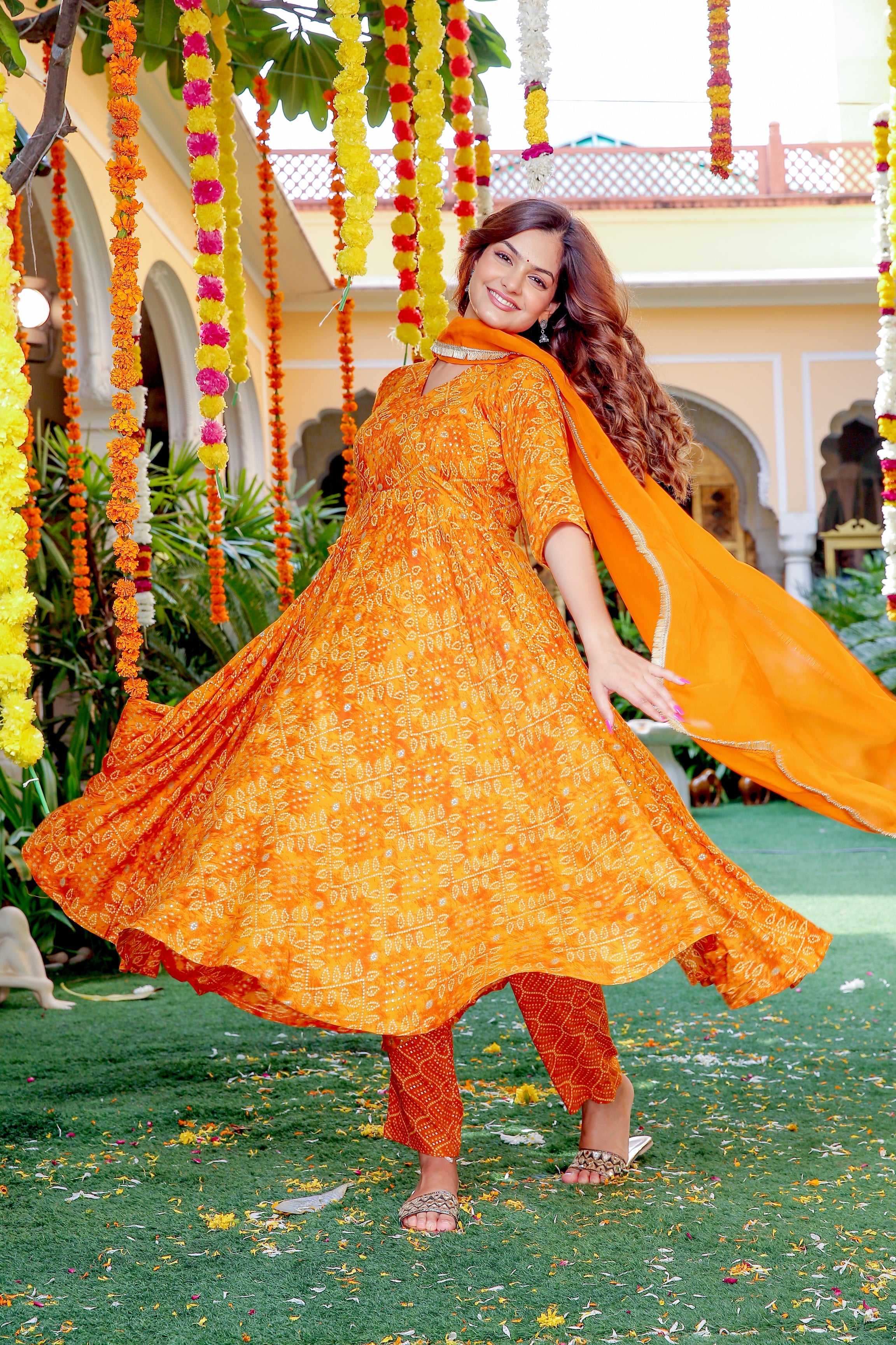 Pure Modal Orange Bandhej Bandhani Shibori work Three Piece Suit Set MODB01 main image 0