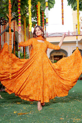 Festive Yellow Bandhani Anarkali Gota Dress