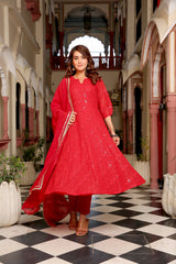 Party Red Anarkali Organza Dupatta Suit