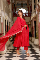 Party Red Anarkali Organza Dupatta Suit