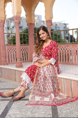 Crimson White Lace Floral Handblock Suit Set