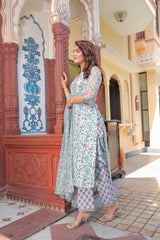 Turquoise Floral Steel Blue Chiffon Dupatta Suit set