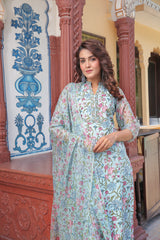 Turquoise Floral Steel Blue Chiffon Dupatta Suit set