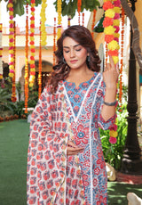 Red Blossom Lace Detailed Handblock Suit set