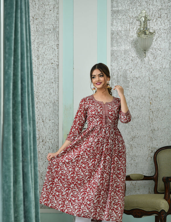 Mesmerizing Maroon Floral Handblock Print Individual Kurta