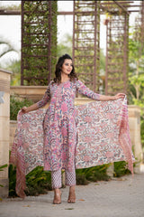 Beige Cream Handblock Floral Straight Suit set