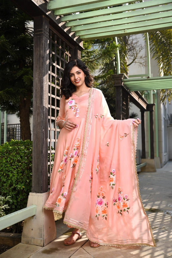 Peach Couture Umbrella Gher Gota Work handpainted Floral Silk Suit Set