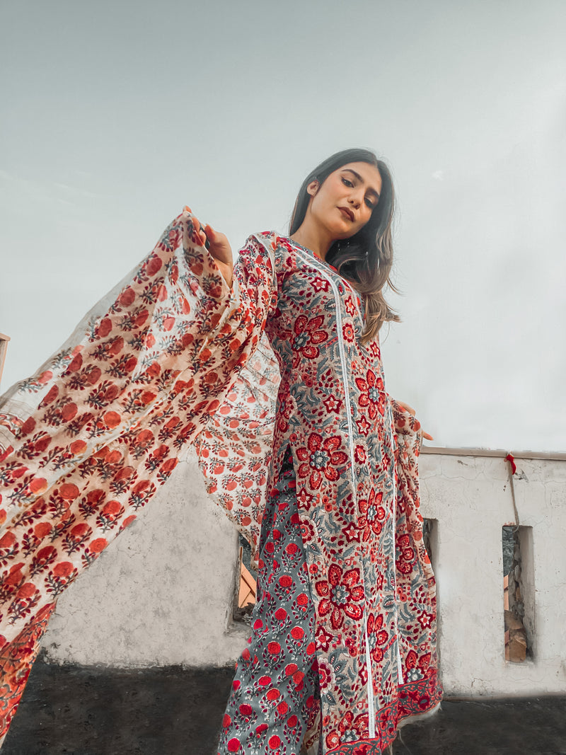 Red Blossom Lace Detailed Handblock Suit set