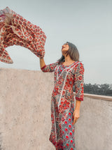 Red Blossom Lace Detailed Handblock Suit set