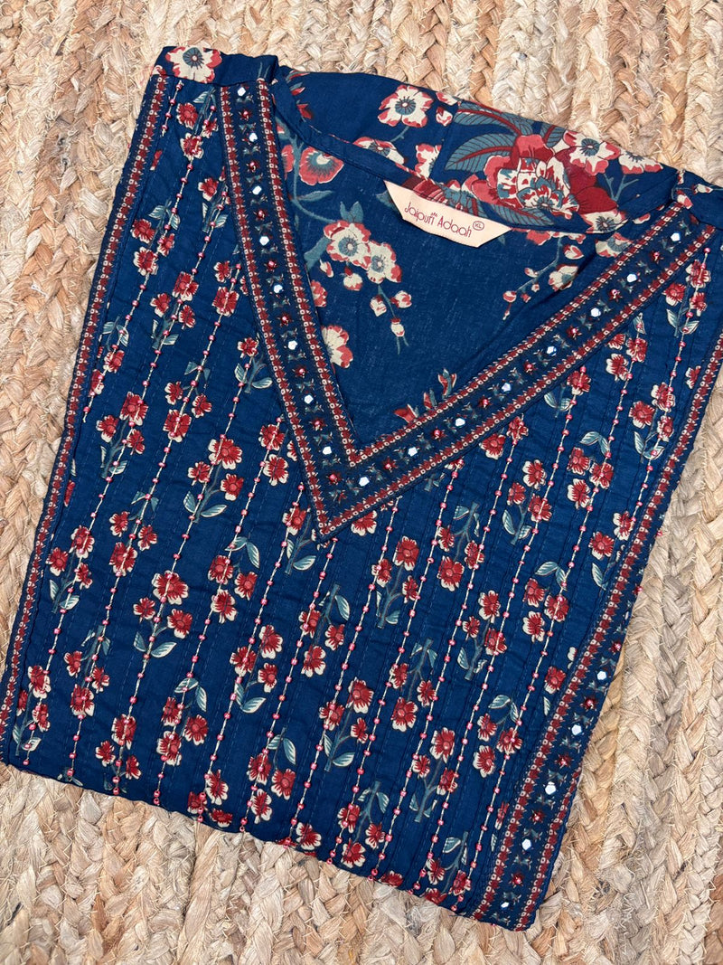 Surana blue cotton suit set  with mul cotton dupatta