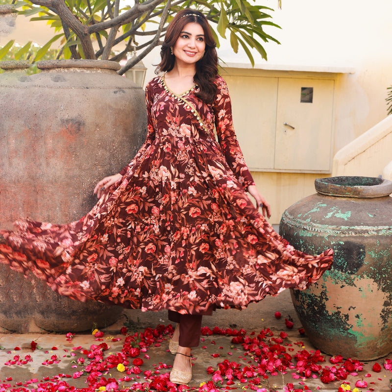 Bahni Brown Floral Print Angrakha Neck Anarkali Suit Set
