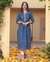 Badrah Blue Handblock Pleated Cotton Straight Kurta