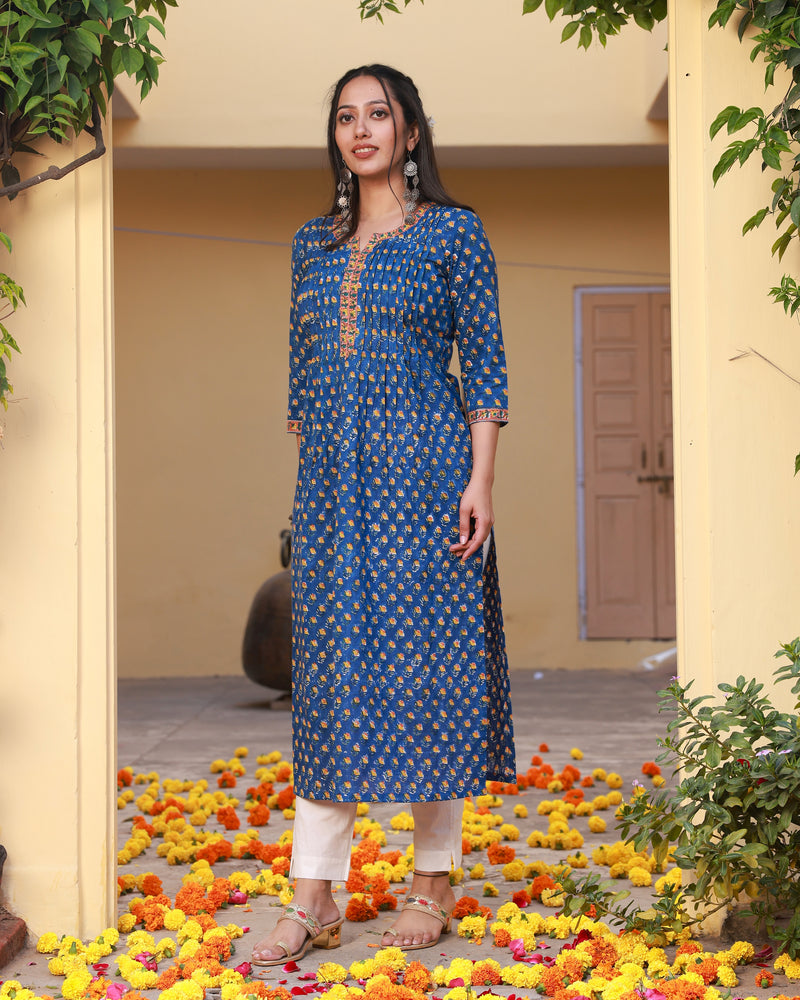 Badrah Blue Handblock Pleated Cotton Straight Kurta