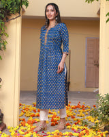 Badrah Blue Handblock Pleated Cotton Straight Kurta