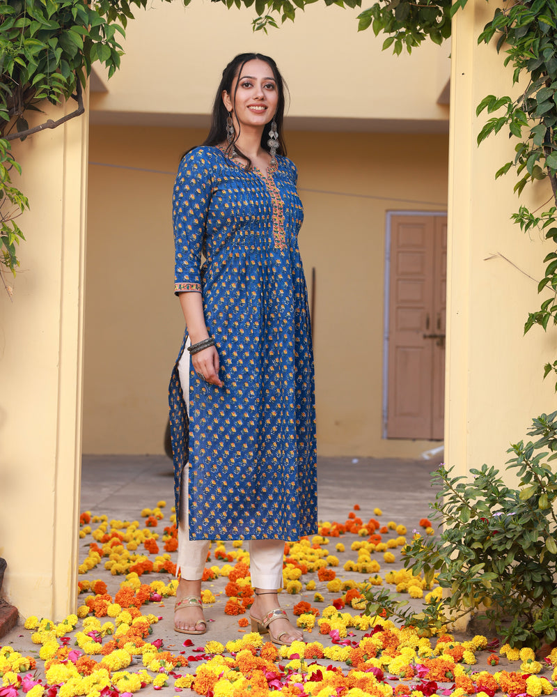 Badrah Blue Handblock Pleated Cotton Straight Kurta