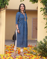 Badrah Blue Handblock Pleated Cotton Straight Kurta