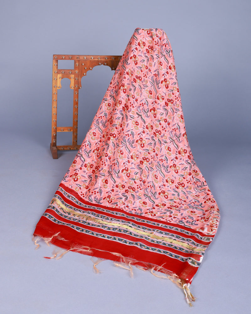 Rachida Red Handblock Chanderi Unstitched Suit set
