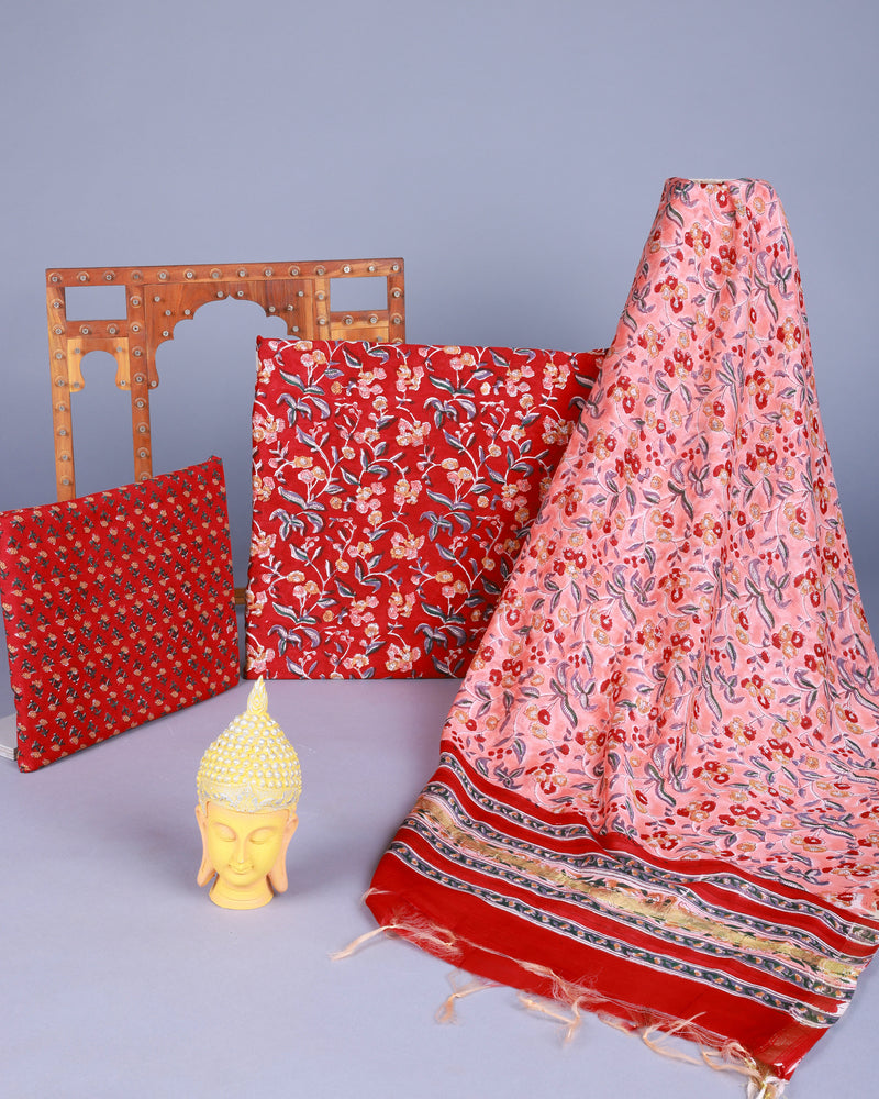 Rachida Red Handblock Chanderi Unstitched Suit set