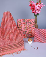 Parnia Peach Handblock Chanderi Unstitched Suit set