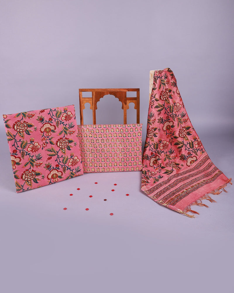 Rabab Punch Pink Handblock Unstitched Suit Set
