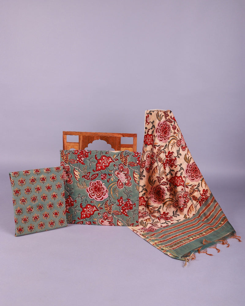 Ulfat Green Floral Handblock Unstitched Suit Set
