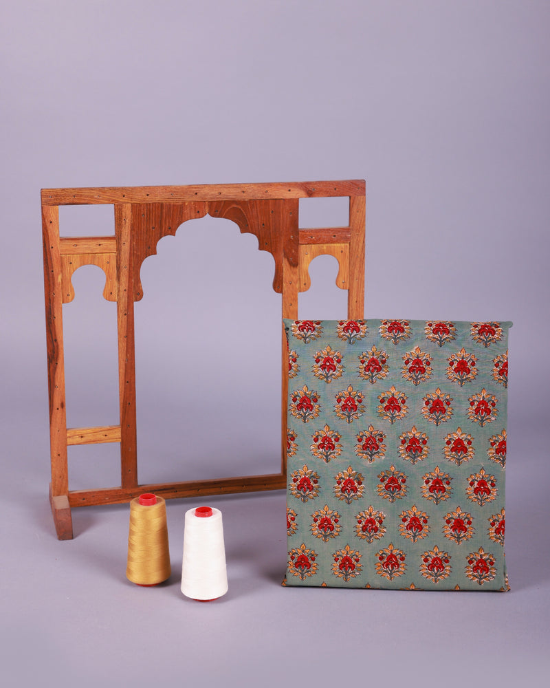 Ulfat Green Floral Handblock Unstitched Suit Set