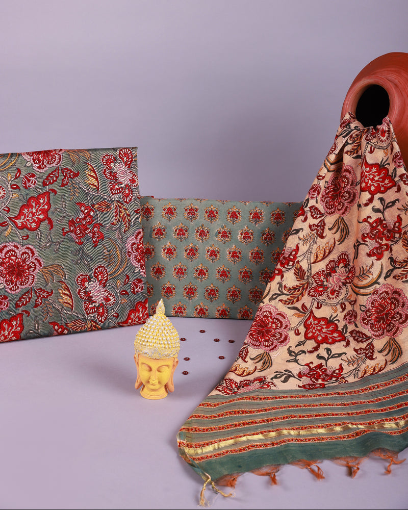Ulfat Green Floral Handblock Unstitched Suit Set