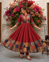 Zarvisha Wine Maroon Heritage Patchwork Printed Anarkali Suit Set with Dupatta