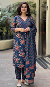 Suru blue cotton straight suit set with mul cotton dupatta