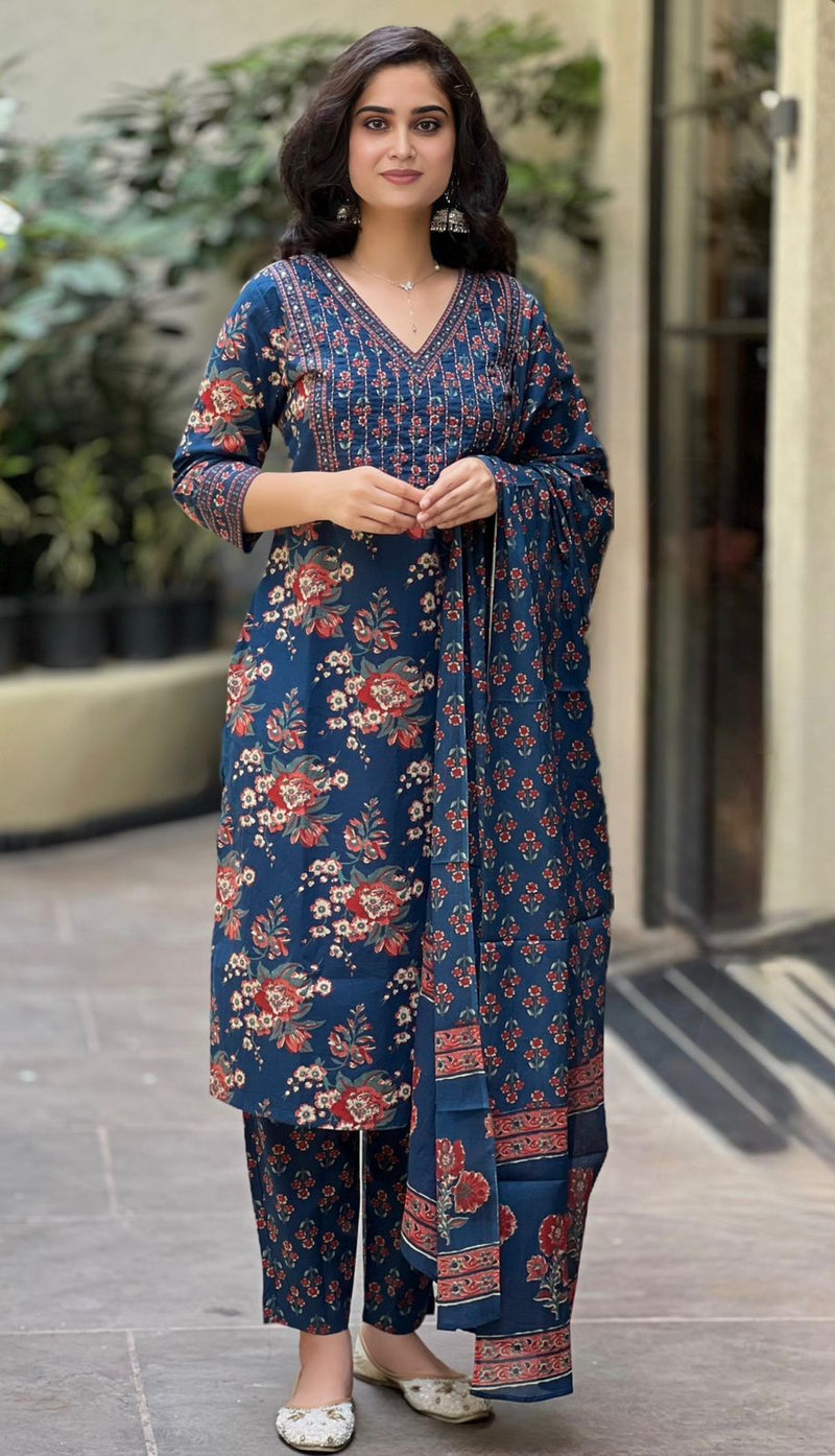 Suru blue cotton straight suit set with mul cotton dupatta
