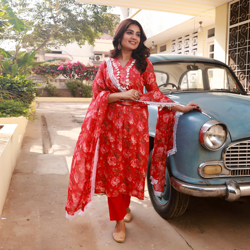 Ramya Red Floral Straight Fit Suit Set