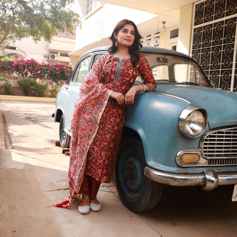 Rachida Red Embroidery Handblock Chanderi Suit Set