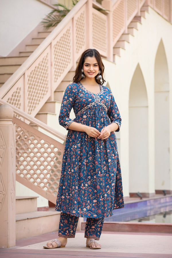 MIDNIGHT BLUE LACE DETAILED KURTA AND PANT ONLY