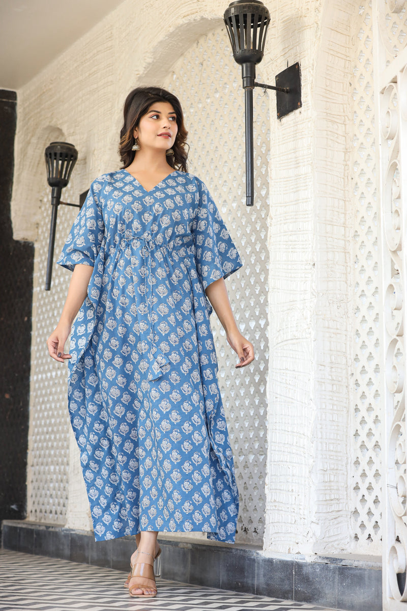 Blue & White Womens Cotton Print Kaftan