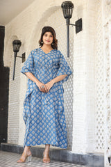 Blue & White Womens Cotton Print Kaftan