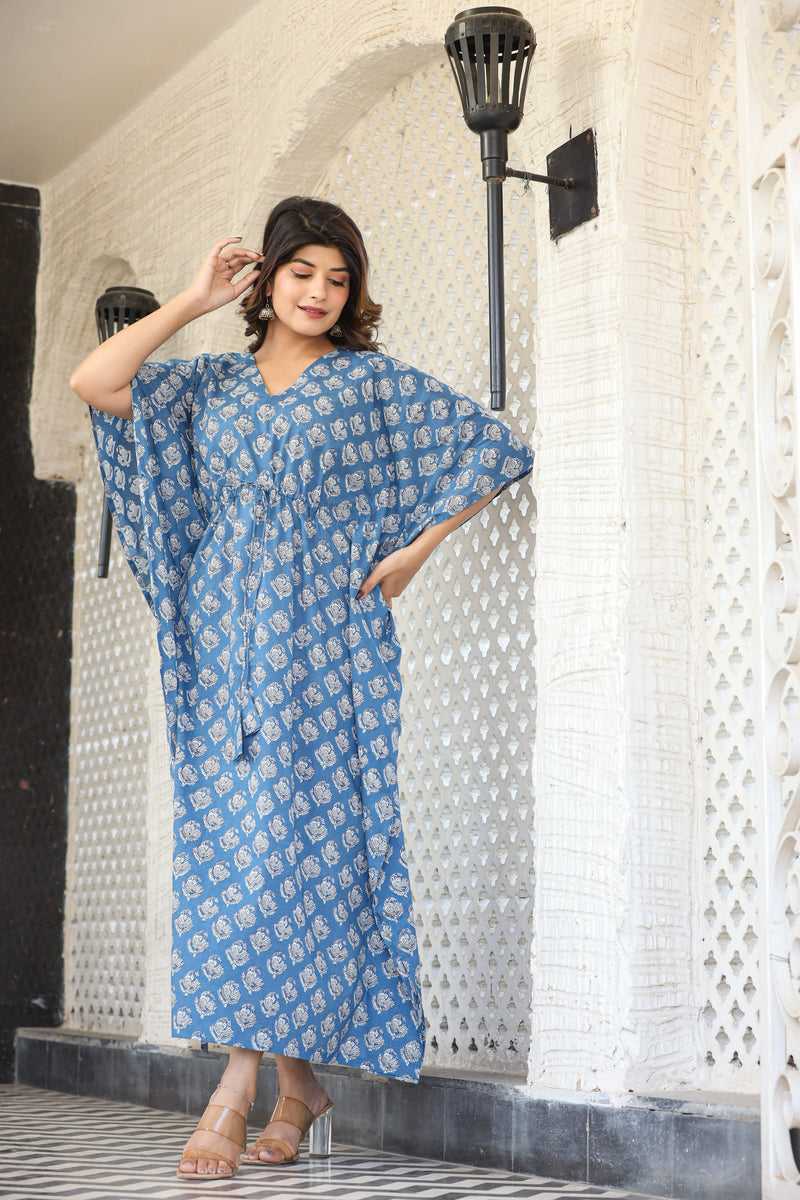 Blue & White Womens Cotton Print Kaftan