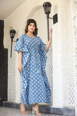 Blue & White Womens Cotton Print Kaftan