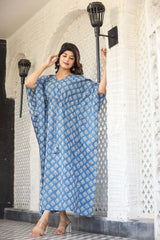 Blue & White Womens Cotton Print Kaftan