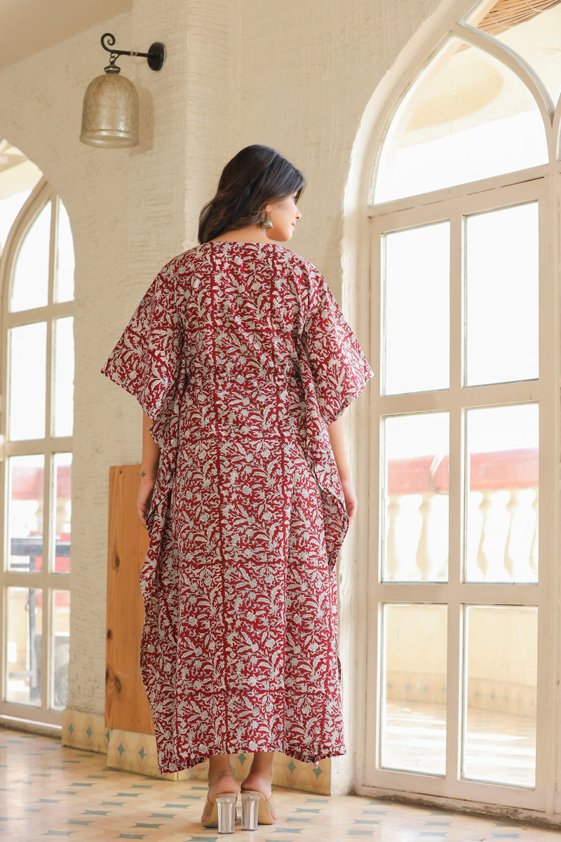 Maroon & White Handblock Slip-On Kaftan