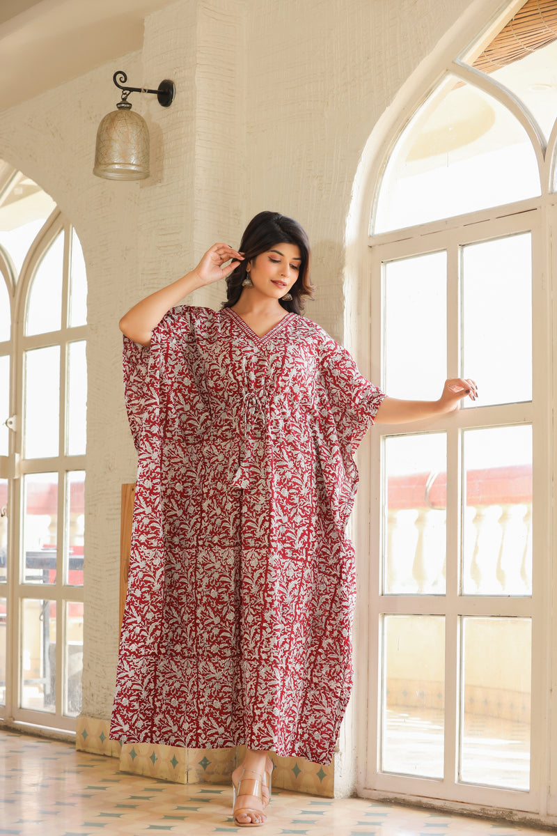 Maroon & White Handblock Slip-On Kaftan