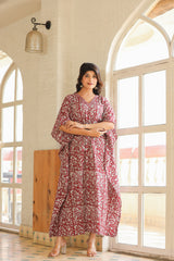 Maroon & White Handblock Slip-On Kaftan
