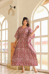 Maroon & White Handblock Slip-On Kaftan